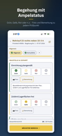 Begehungsprotokoll mit Prüfpunkten und Ampelbewertung grün, gelb, rot oder nicht zutreffend, je Punkt ein Foto- und ein Bemerkungsknopf, Gesamtfortschritt 28 von 28 Punkten.