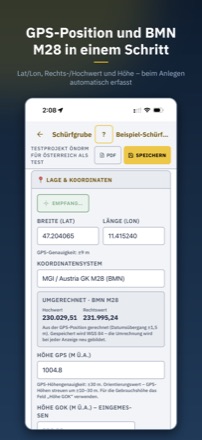 Eingabemaske „Lage & Koordinaten“ mit Breite 47,204065 und Länge 11,415240, Koordinatensystem MGI Austria GK M28 und den daraus umgerechneten BMN-Werten Hochwert und Rechtswert.