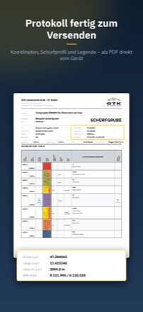 Fertiges Schürfgruben-PDF mit Kopfzeile, farbiger Schichtsäule, Beschreibungsspalte und darunter den Koordinaten in WGS 84 und BMN M28.