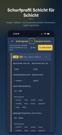 Schichteingabe einer Schürfgrube: Ablesetiefe von 5,40 bis 5,00 m, Felder für Lagerungsdichte und Konsistenz, Hauptbestandteil Löß mit auswählbaren Beimengungen.