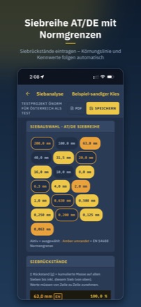Siebauswahl einer Siebanalyse mit den Maschenweiten der AT/DE-Siebreihe von 200 bis 0,063 Millimeter und darunter der Tabelle der Siebrückstände.